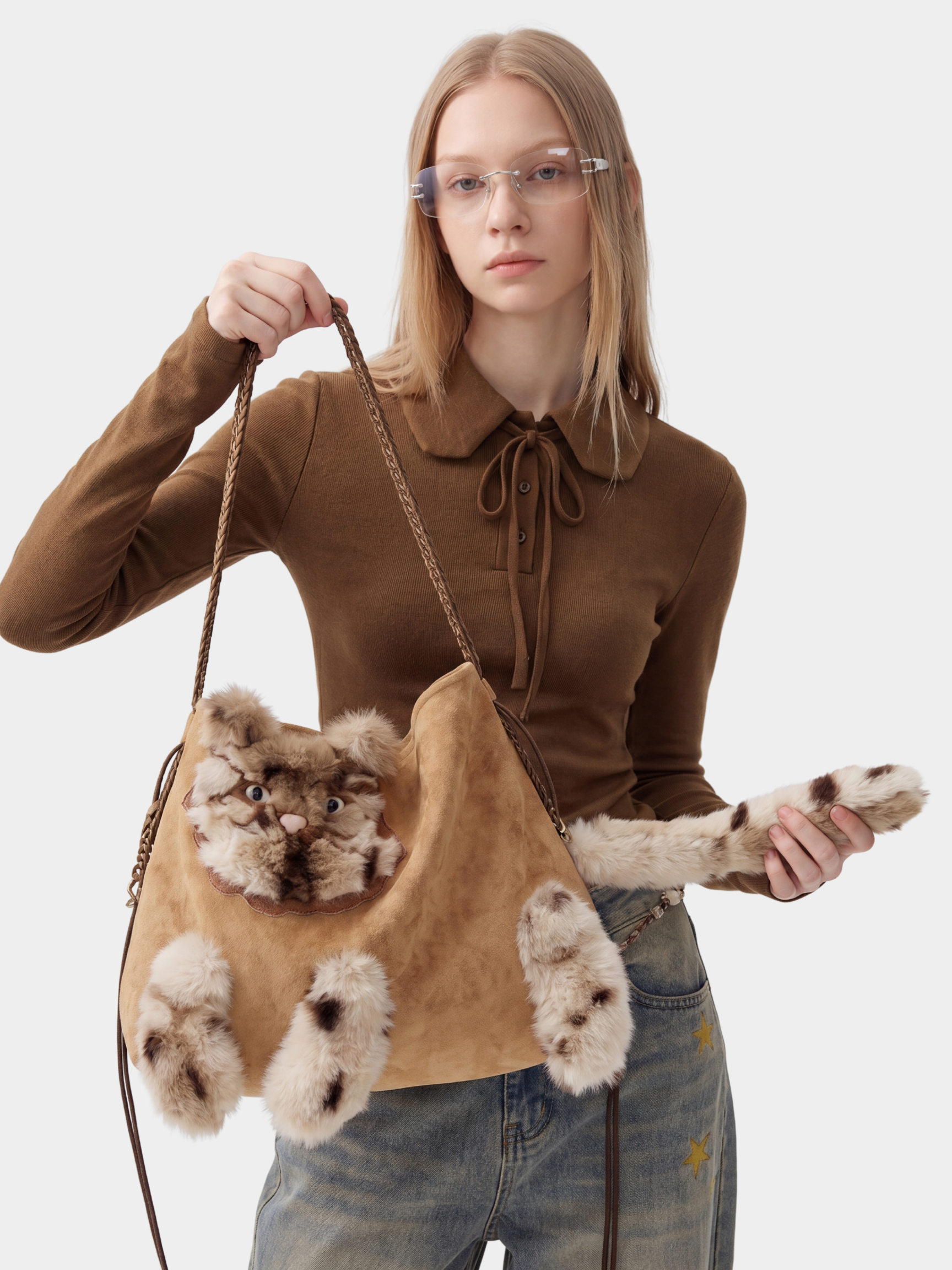 Aura - Faux Suede Cat Shoulder Bag