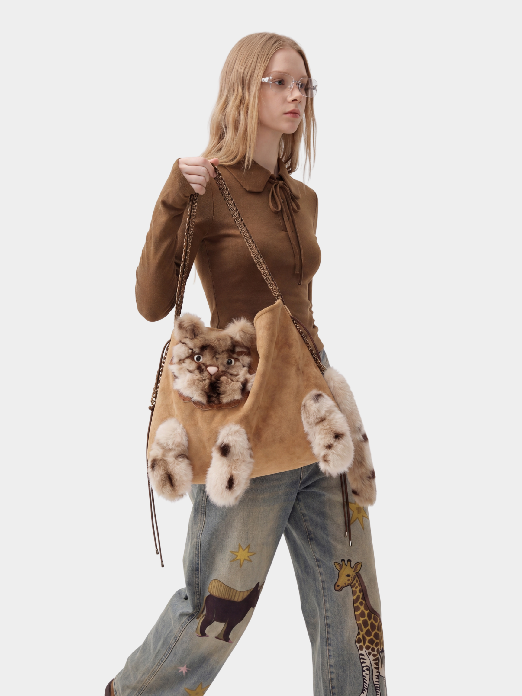 Aura - Faux Suede Cat Shoulder Bag
