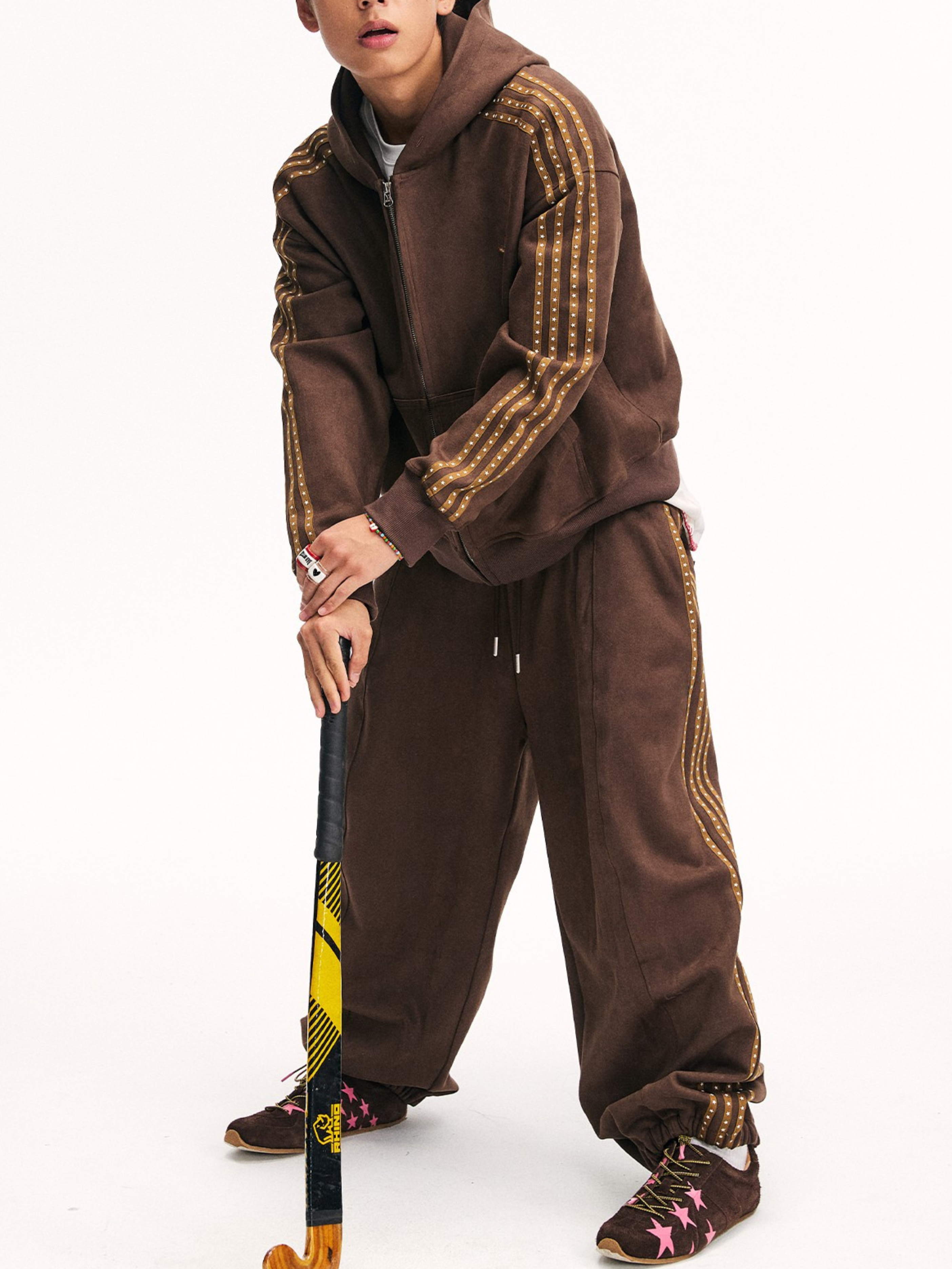 Skyflame - Faux Suede Star Webbing Jogger Pants
