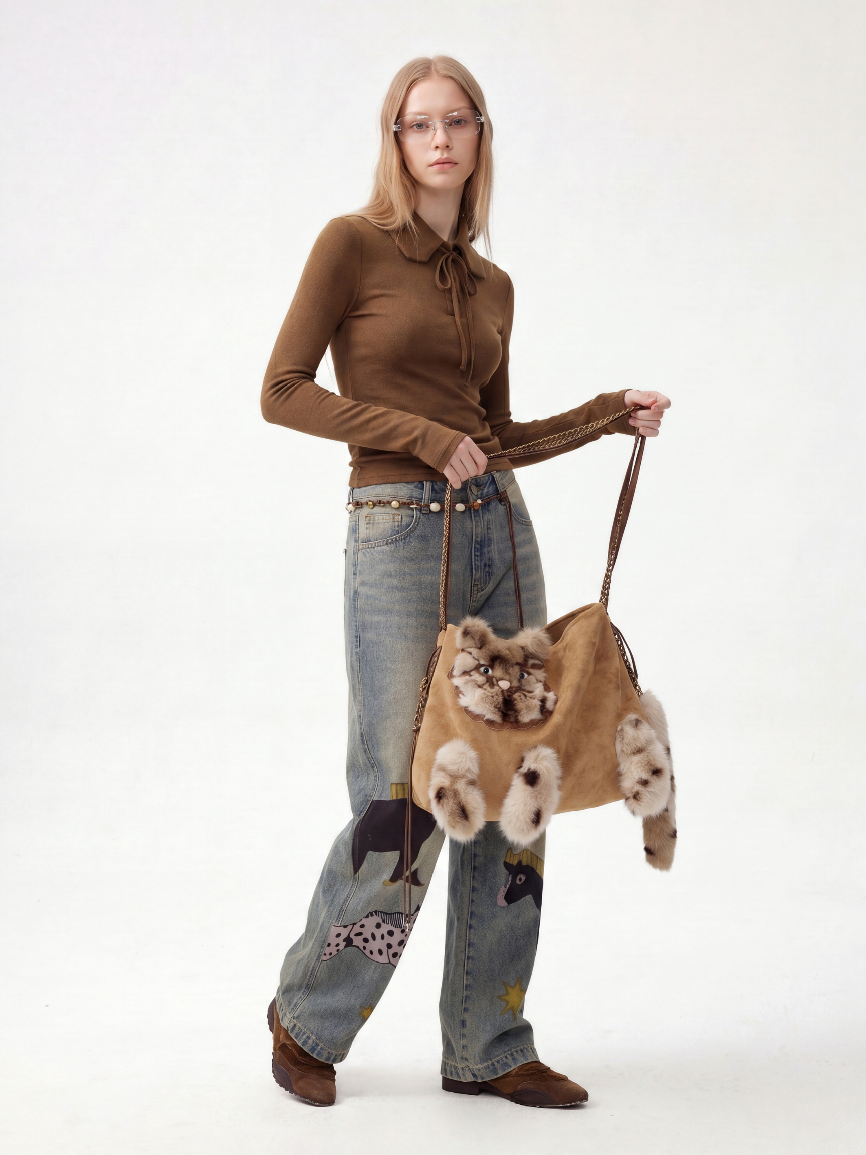 Aura - Faux Suede Cat Shoulder Bag