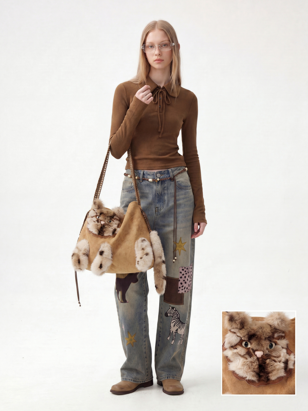 Aura - Faux Suede Cat Shoulder Bag
