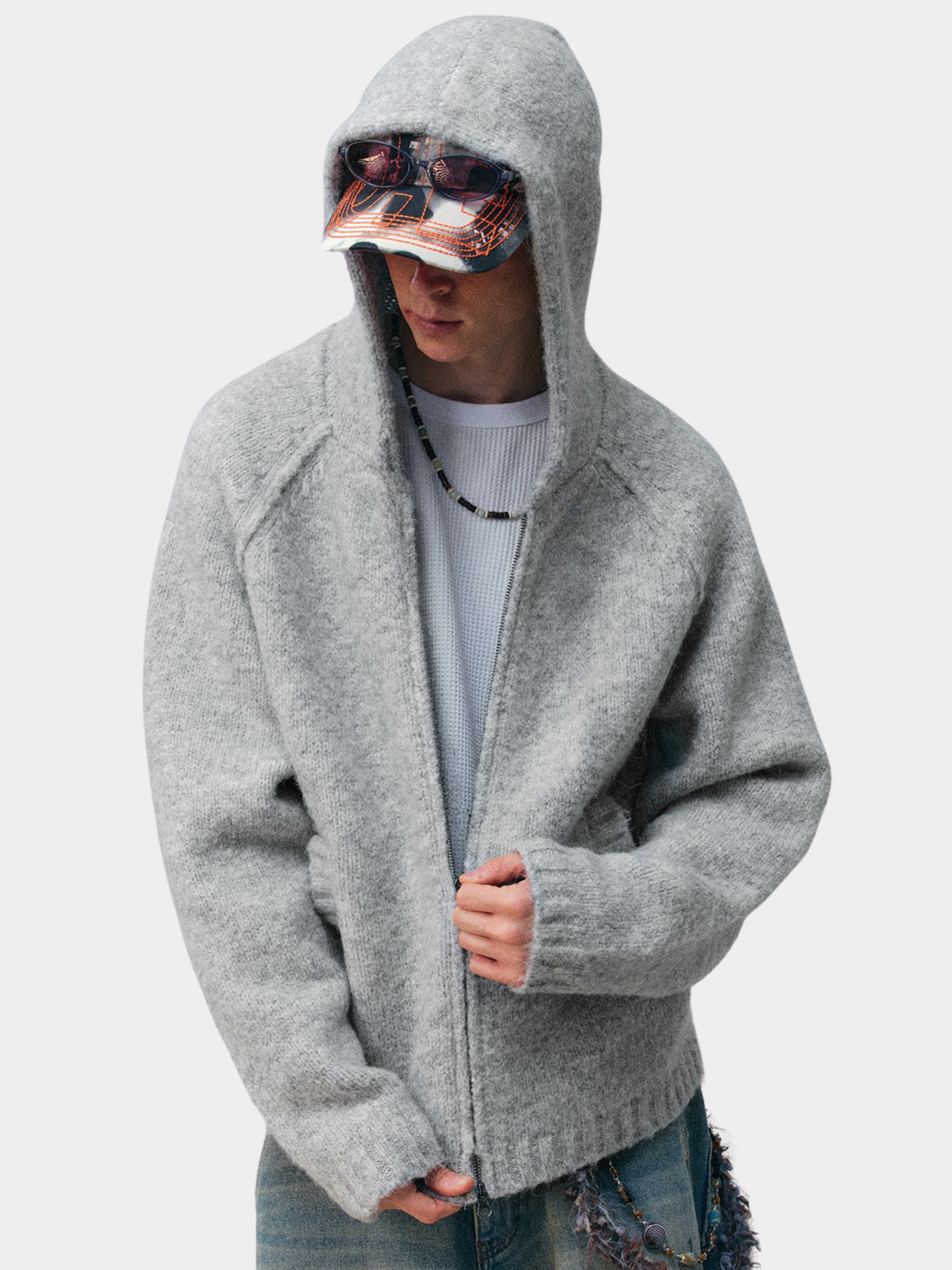 Ravensoul - Unisex Loose-Fit Zip-Up Hooded Knit Sweater